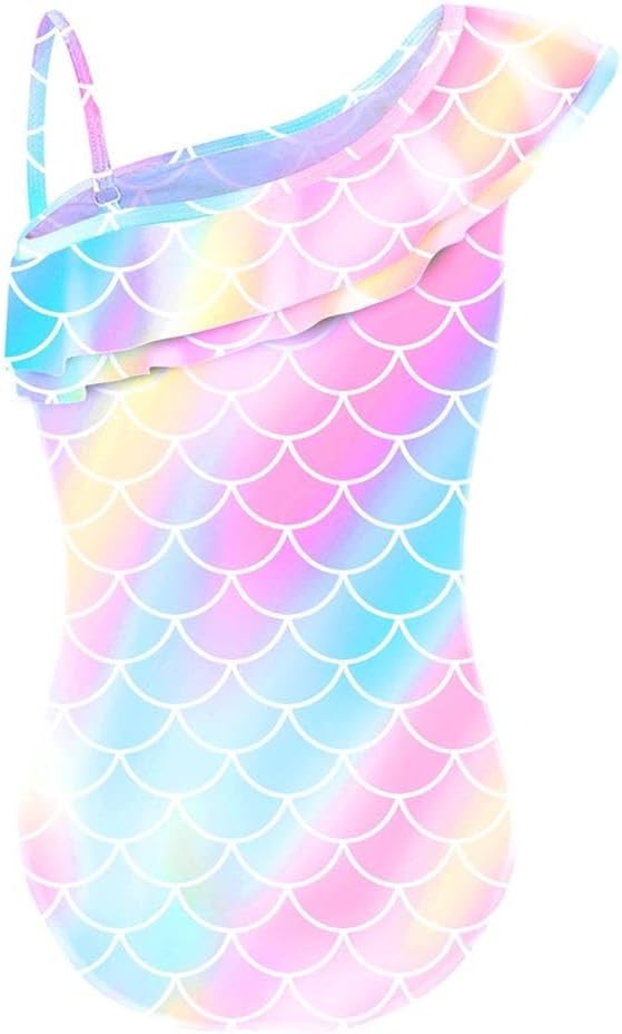 Dressy Daisy Girls Mermaid Bathing Suit Toddler Rainbow Scale Print Ruffle One-Piece Swimsuit for Beach Pool Party