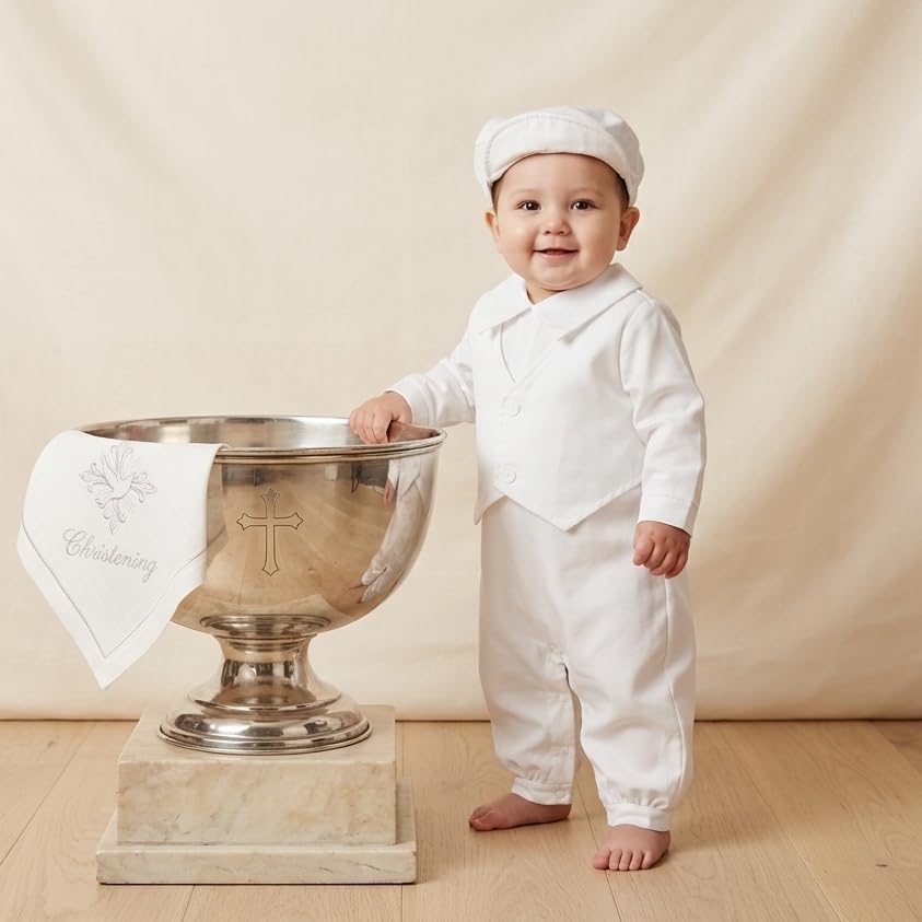 Dressy Daisy Baby Boy Baptism Christening Outfit White Jumpsuit Romper & Beret Hat for Infant Toddler Kids Bautizo Size 6M-3T