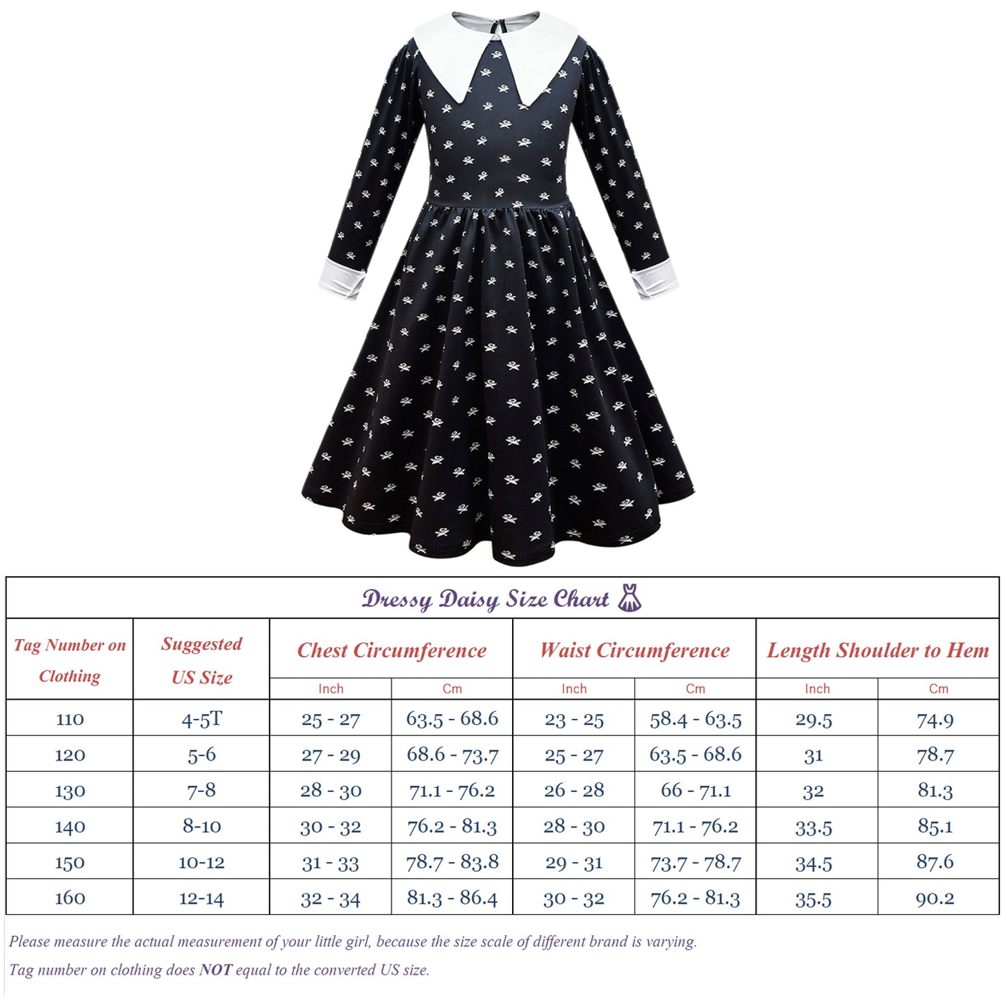 FC372 - Wednesday Gothic Black Dress Halloween Costume Fancy Party Cosplay Outfit with Hair Wig for Girls Size 4T to 14