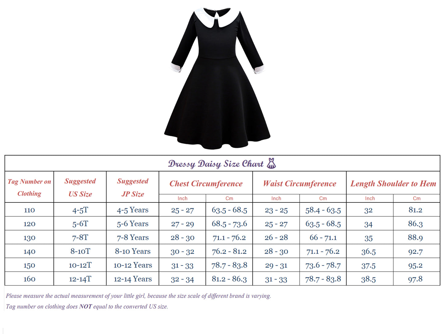 FC374 - Wednesday Gothic Black Dress Halloween Costume Fancy Party Cosplay Outfit with Hair Wig for Girls Size 4T to 14