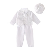 CN032 - Infant Baby Boy Christening Baptism Outfit White Suit 5 Pieces Clothing Set with Bonnet Hat