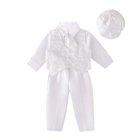 CN032 - Infant Baby Boy Christening Baptism Outfit White Suit 5 Pieces Clothing Set with Bonnet Hat