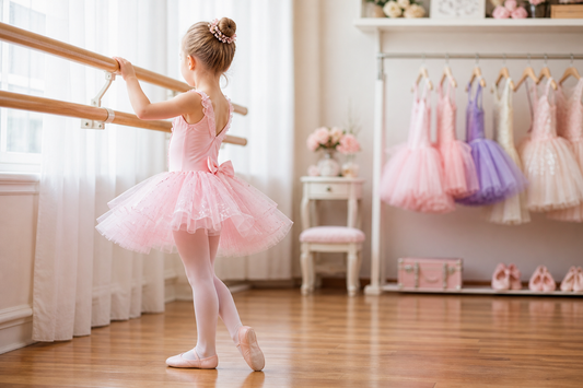 little girl wearing a pink ballet tutu dress in a bright dance studio