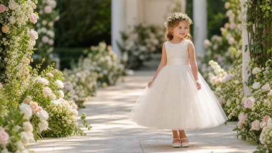 young flower girl wearing an ivory tulle dress at an elegant outdoor wedding