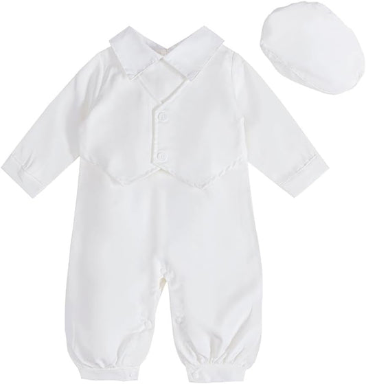 Dressy Daisy Baby Boy Baptism Christening Outfit White Jumpsuit Romper & Beret Hat for Infant Toddler Kids Bautizo Size 6M-3T