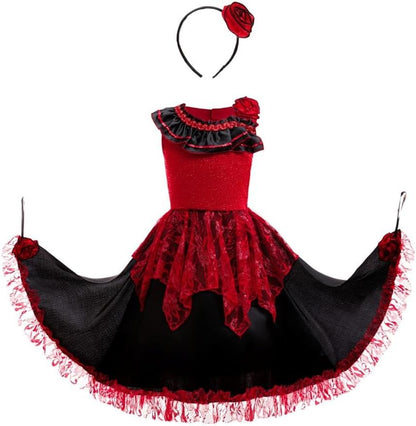 Dressy Daisy Girls 5-12 Spanish Flamenco Dress Traditional Mexican Folklorico Costume Kids Latin Dancer Outfit with Hair Loop