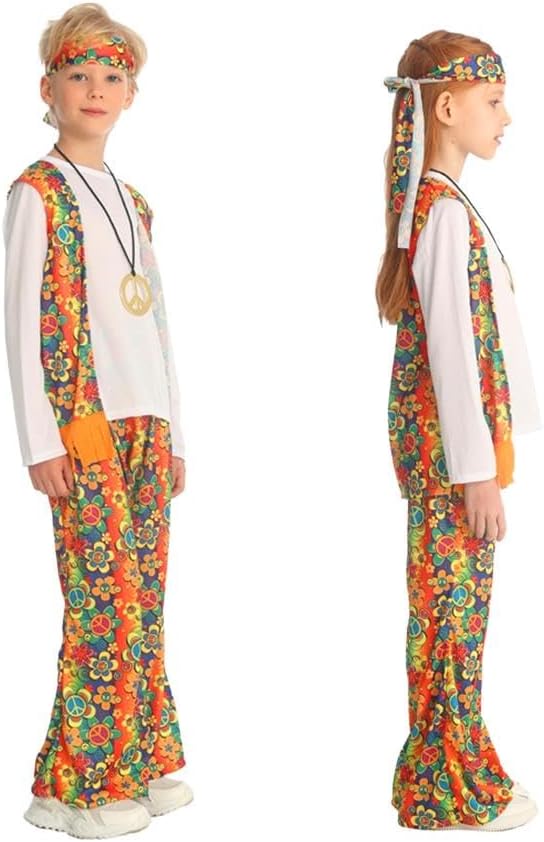 Dressy Daisy 70s Retro Hippie Costume for Age 5-10 Years Kids Peace Necklace Disco Dress Up Halloween Carnival School Play