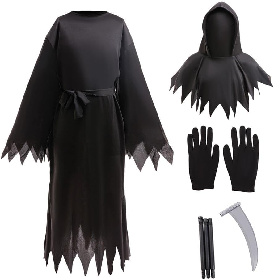 Dressy Daisy 5–12 Kids Grim Reaper Halloween Costume with Scythe Hood Gloves Belt Scary Robe Boys Girls for Trick or Treat