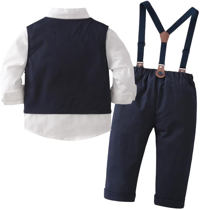 Dressy Daisy Toddlers Baby Boys 4-Piece Vest Pants Outfit with Bow Tie and Suspenders Gentleman Suit Set for Wedding Birthday