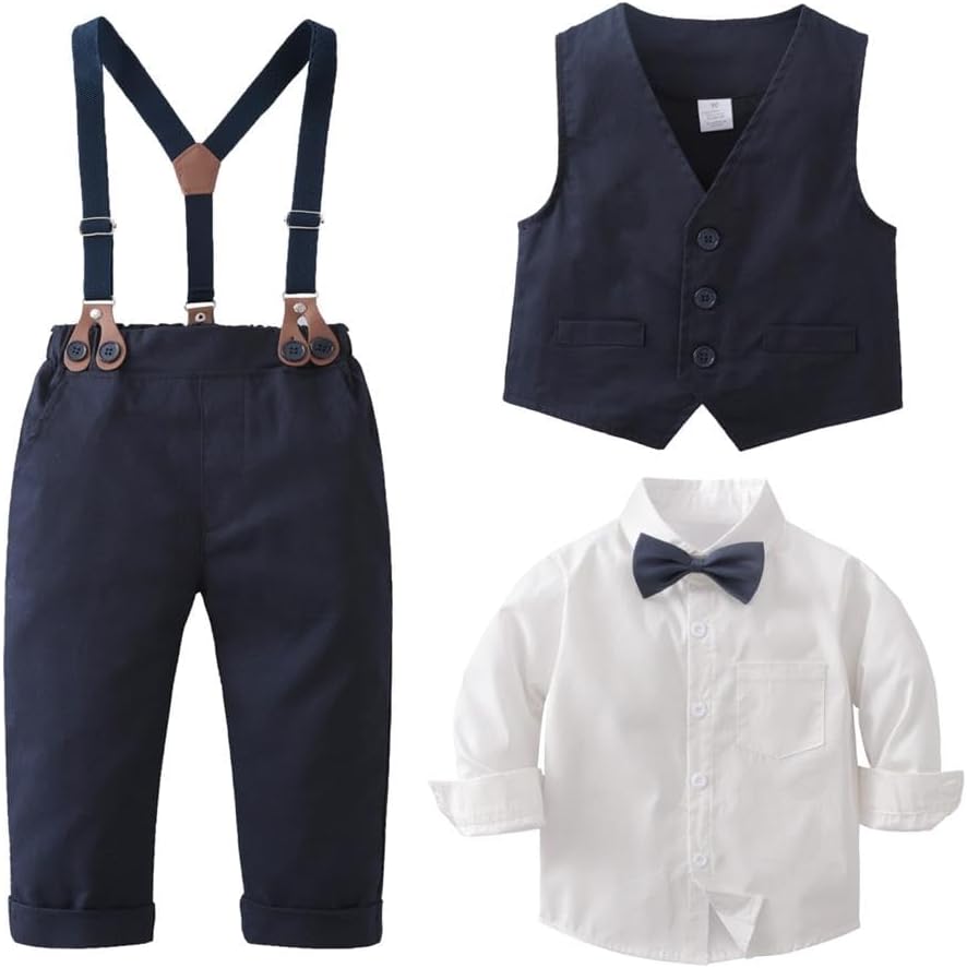 Dressy Daisy Toddlers Baby Boys 4-Piece Vest Pants Outfit with Bow Tie and Suspenders Gentleman Suit Set for Wedding Birthday