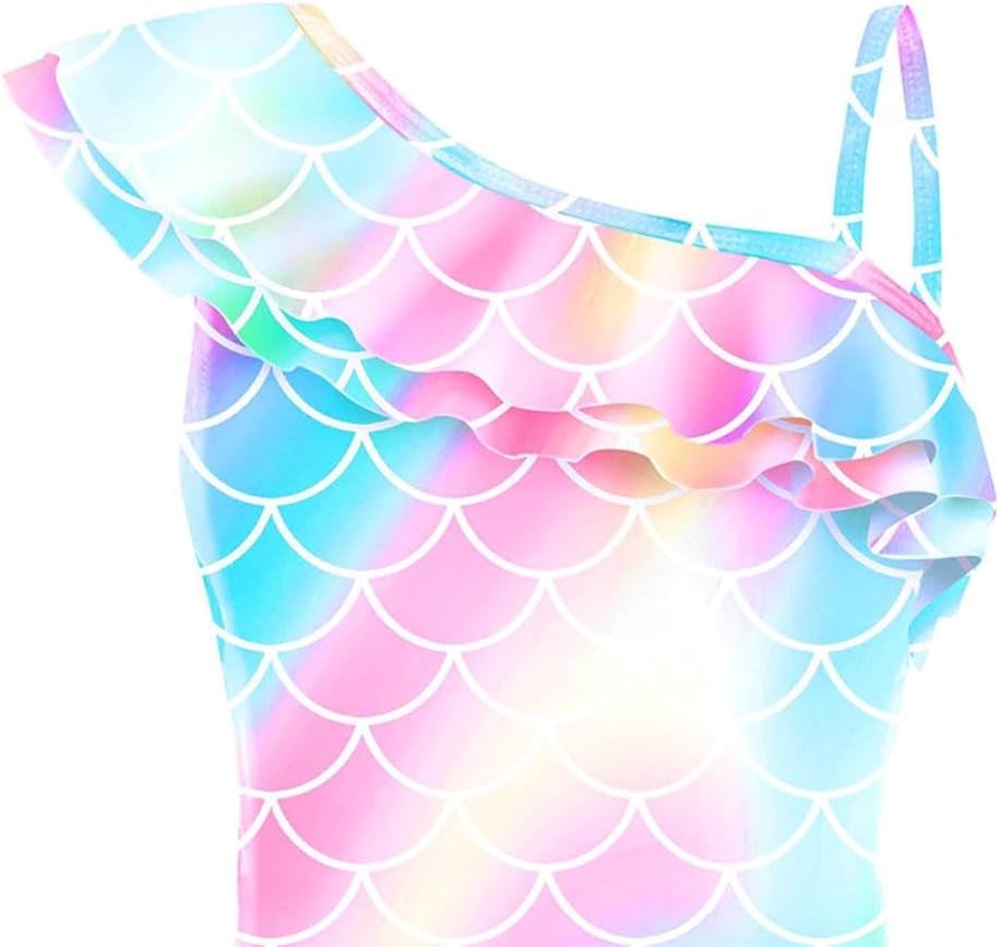 Dressy Daisy Girls Mermaid Bathing Suit Toddler Rainbow Scale Print Ruffle One-Piece Swimsuit for Beach Pool Party