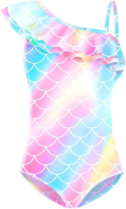 Dressy Daisy Girls Mermaid Bathing Suit Toddler Rainbow Scale Print Ruffle One-Piece Swimsuit for Beach Pool Party