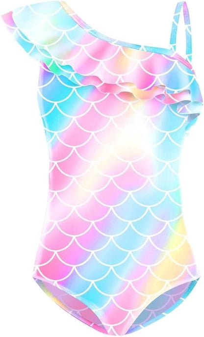 Dressy Daisy Girls Mermaid Bathing Suit Toddler Rainbow Scale Print Ruffle One-Piece Swimsuit for Beach Pool Party