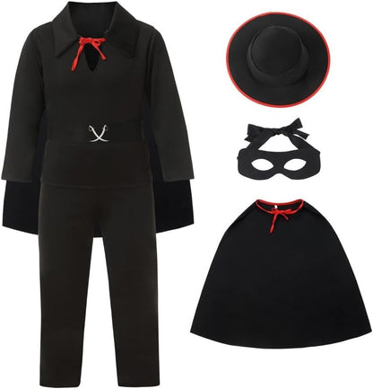 Dressy Daisy Little Kids Boys Black Zorro Halloween Party Dress Up Costume Outfit Set with Cape, Mask and Hat Size 6-12