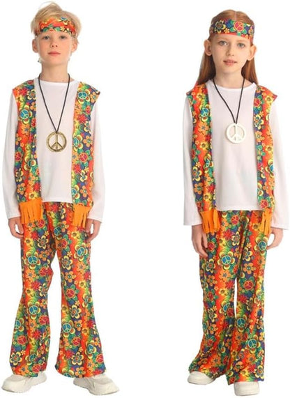 Dressy Daisy 70s Retro Hippie Costume for Age 5-10 Years Kids Peace Necklace Disco Dress Up Halloween Carnival School Play