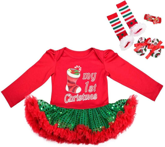 Dressy Daisy My 1st First Christmas Outfits for Baby Girls Xmas Party Onesie Romper Bodysuit Tutu Dress Set