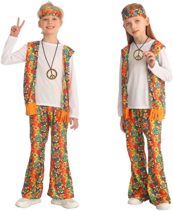 Dressy Daisy 70s Retro Hippie Costume for Age 5-10 Years Kids Peace Necklace Disco Dress Up Halloween Carnival School Play