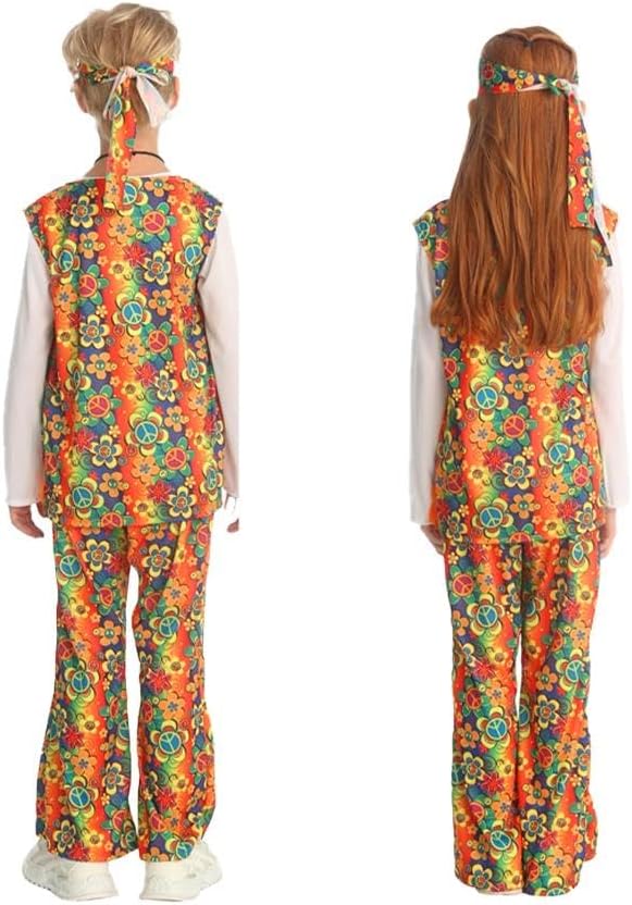 Dressy Daisy 70s Retro Hippie Costume for Age 5-10 Years Kids Peace Necklace Disco Dress Up Halloween Carnival School Play