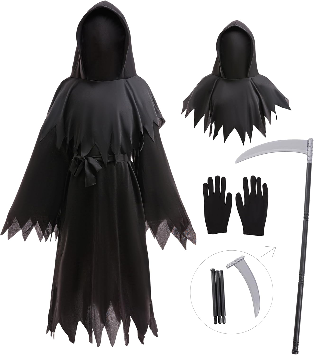 Dressy Daisy 5–12 Kids Grim Reaper Halloween Costume with Scythe Hood Gloves Belt Scary Robe Boys Girls for Trick or Treat