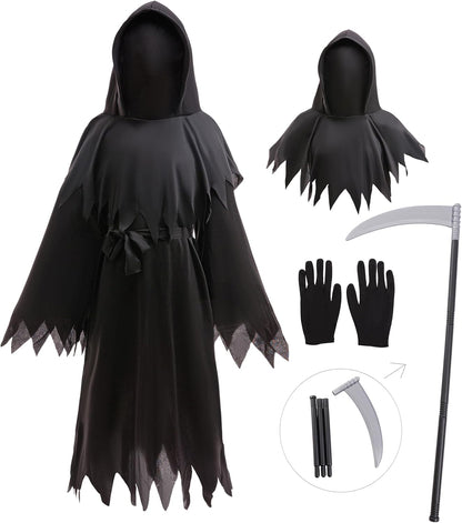 Dressy Daisy 5–12 Kids Grim Reaper Halloween Costume with Scythe Hood Gloves Belt Scary Robe Boys Girls for Trick or Treat