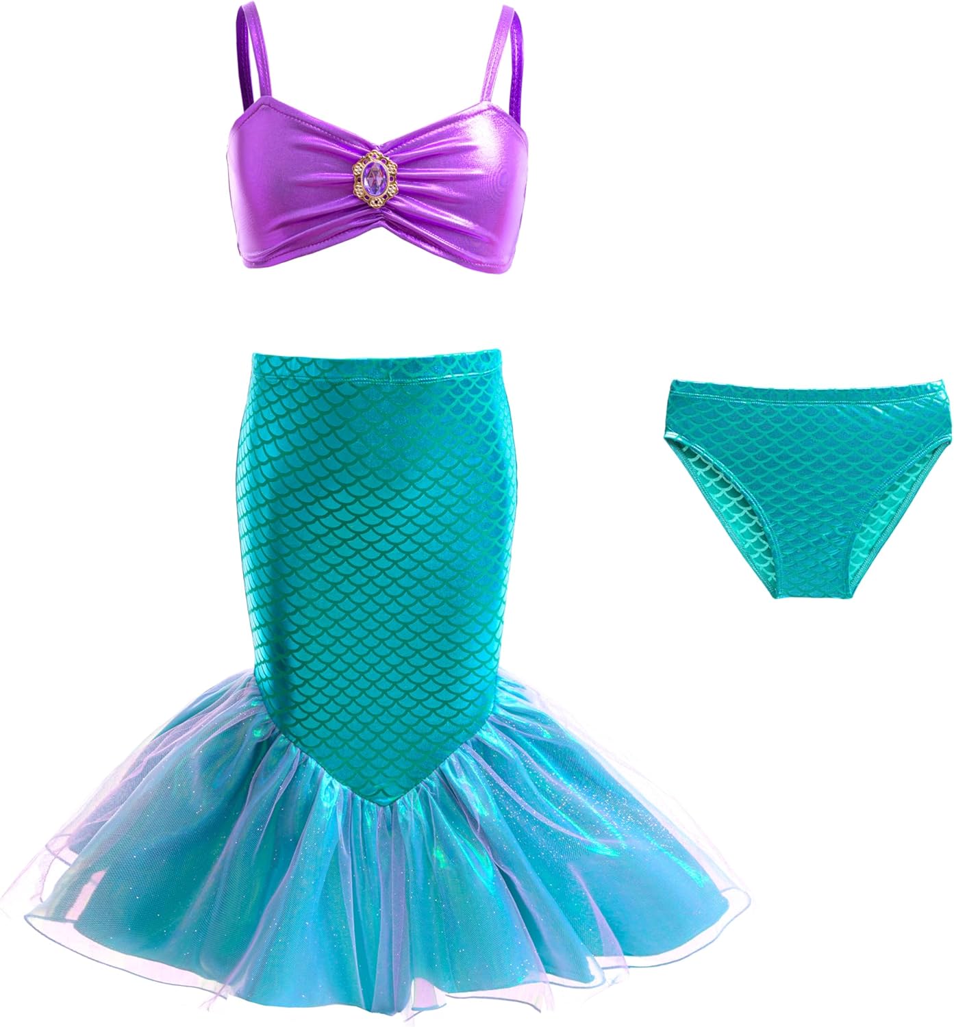 Dressy Daisy Mermaid Bikini Swimsuit Girls 18M-8, 3-Piece Bathing Suit with Skirt Beach Pool Party Outfit Purple Teal