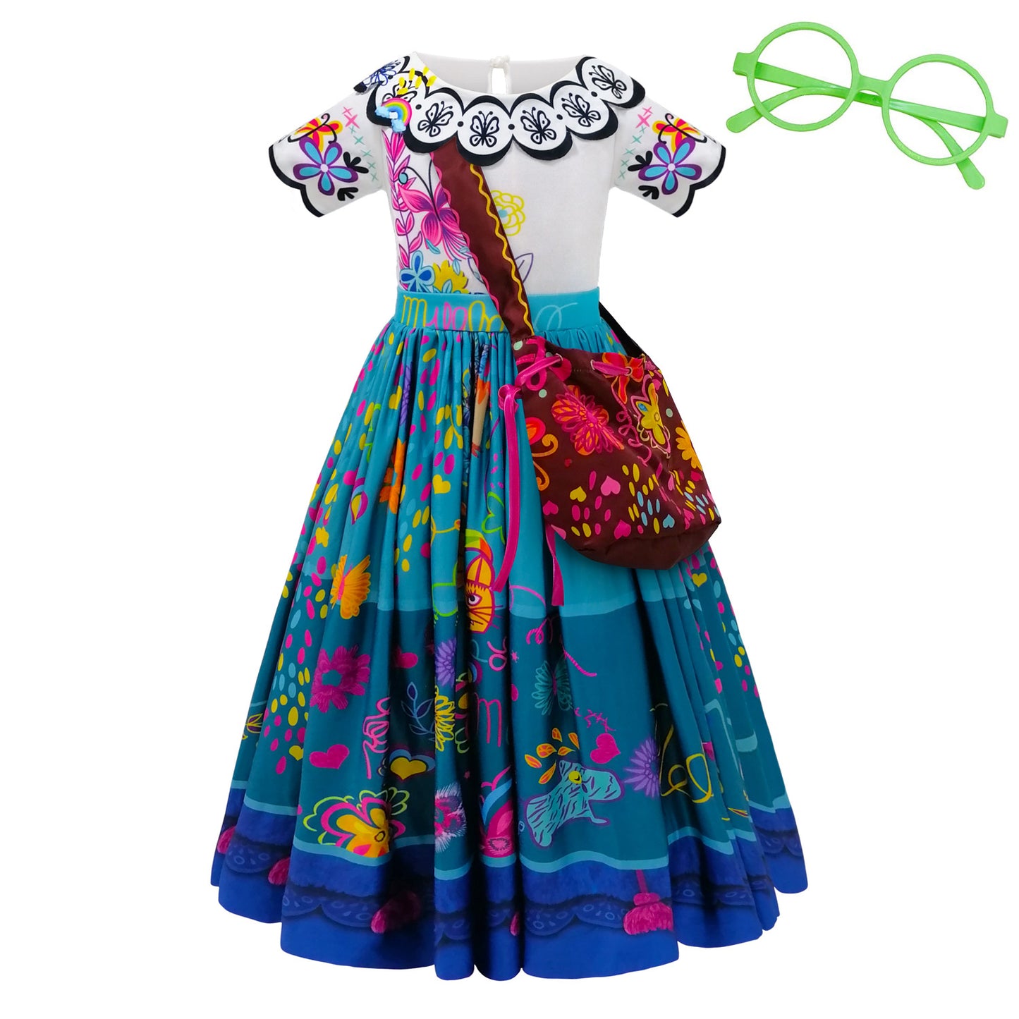 A girls' Encanto-themed fancy dress up costume featuring a blue dress with a colorful floral pattern, a round neck bodice with a scalloped collar and butterfly patterns, and green glasses. Accessories include a crossbody purse bag.