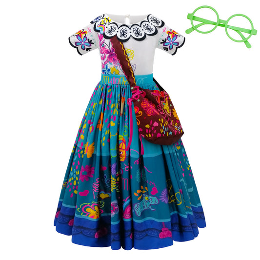 A girls' Encanto-themed fancy dress up costume featuring a blue dress with a colorful floral pattern, a round neck bodice with a scalloped collar and butterfly patterns, and green glasses. Accessories include a crossbody purse bag.