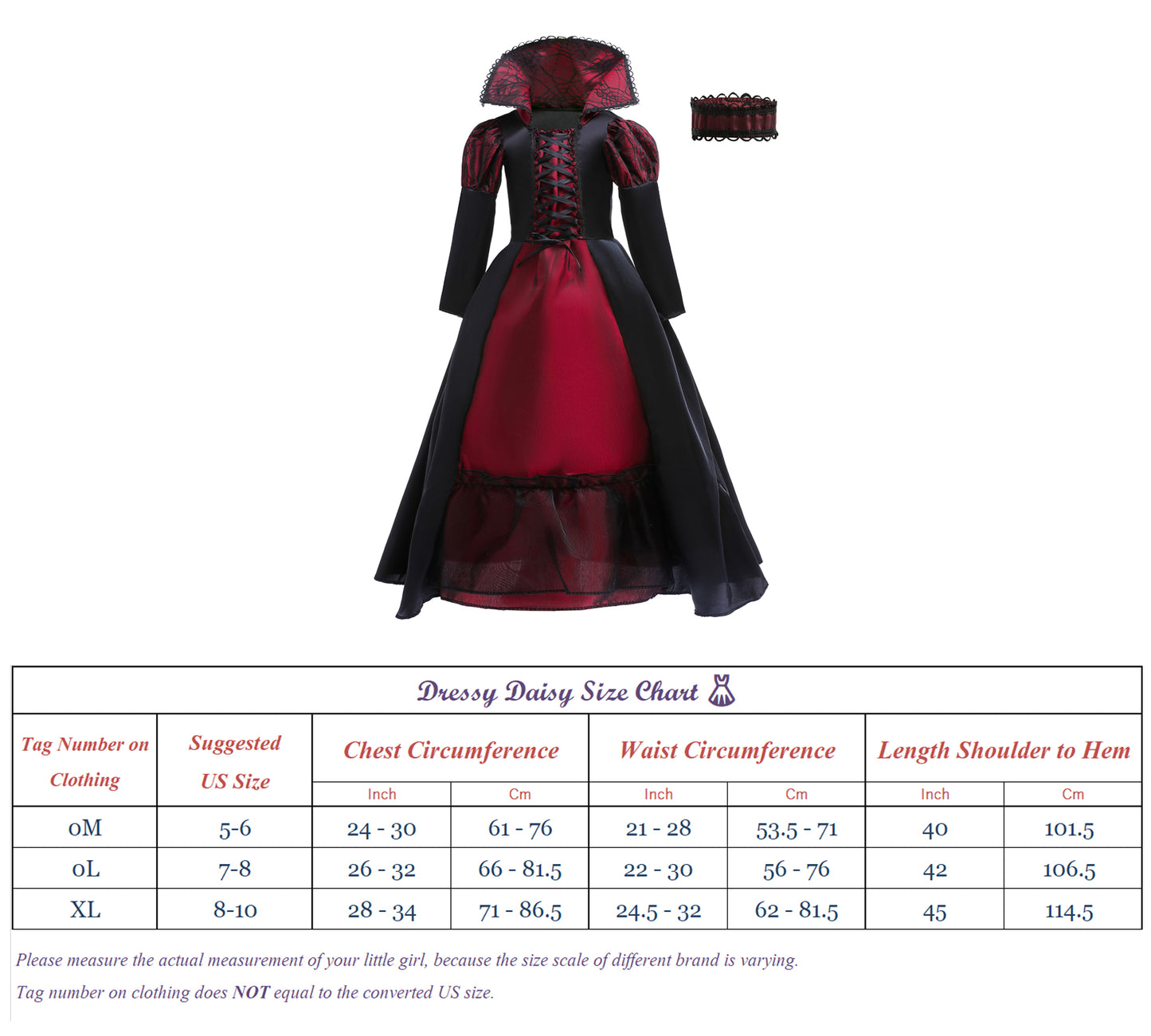 FC355 - Gothic Vampire Queen Halloween Costume Medieval Fancy Dress Up with Choker for Girls