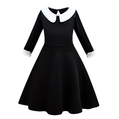 FC374 - Wednesday Gothic Black Dress Halloween Costume Fancy Party Cosplay Outfit with Hair Wig for Girls Size 4T to 14