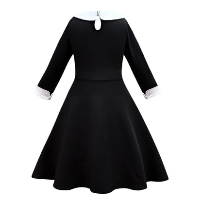 FC374 - Wednesday Gothic Black Dress Halloween Costume Fancy Party Cosplay Outfit with Hair Wig for Girls Size 4T to 14