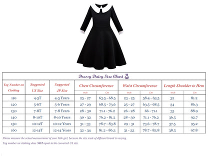 FC374 - Wednesday Gothic Black Dress Halloween Costume Fancy Party Cosplay Outfit with Hair Wig for Girls Size 4T to 14
