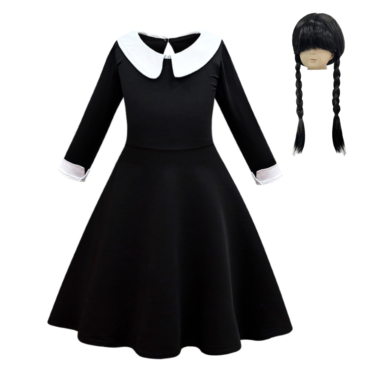 FC374 - Wednesday Gothic Black Dress Halloween Costume Fancy Party Cosplay Outfit with Hair Wig for Girls Size 4T to 14