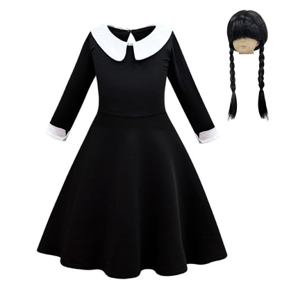 FC374 - Wednesday Gothic Black Dress Halloween Costume Fancy Party Cosplay Outfit with Hair Wig for Girls Size 4T to 14