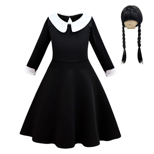FC374 - Wednesday Gothic Black Dress Halloween Costume Fancy Party Cosplay Outfit with Hair Wig for Girls Size 4T to 14
