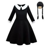FC374 - Wednesday Gothic Black Dress Halloween Costume Fancy Party Cosplay Outfit with Hair Wig for Girls Size 4T to 14