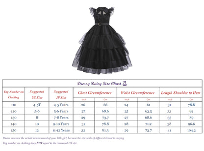 FC397 - Wednesday Black Prom Dress Halloween Birthday Party Costume with Hair Wig for Toddler & Little Girls Size 4T to 12
