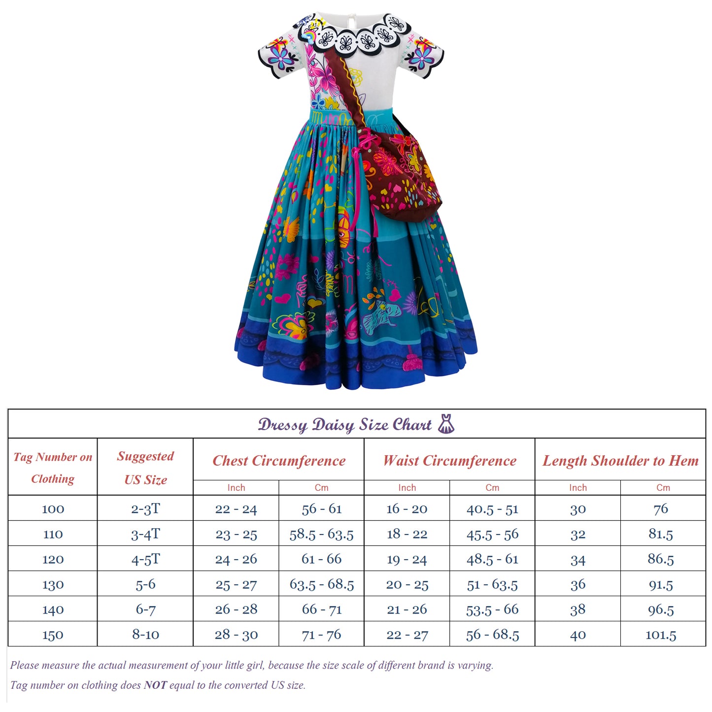 kids floral dress costume size chart