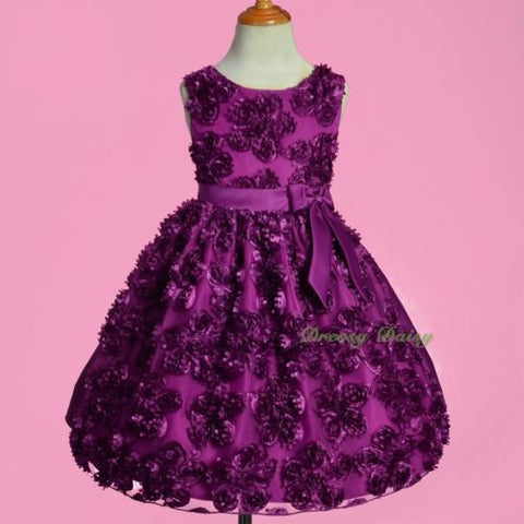 FG329 Round Neckline Embossed Flower Wedding Party Birthday Dress Purple Size 4-6X