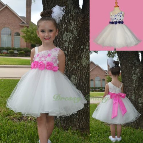 FG281 Girls Rosettes One Shoulder Flower Girl Dresses Party Pageant Dress Size 2-9