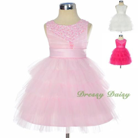 FG292 Baby Girls Beads Tulle Tiered flower Girl  Pageant Birthday Dresses Size 6 Months - 3