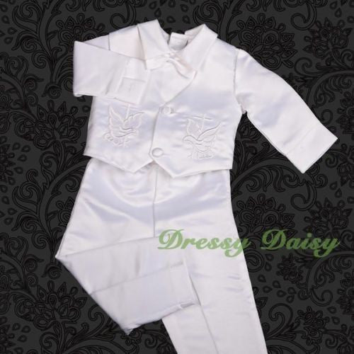 ST020 Baby Boys' 4 Pcs Satin Baptism Christening Suit With Bonnet Long Sleeves Infant Size 0-12 Months