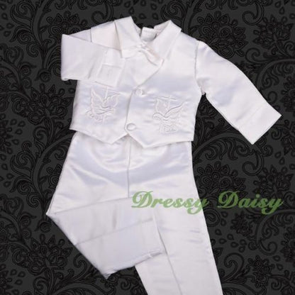 ST020 Baby Boys' 4 Pcs Satin Baptism Christening Suit With Bonnet Long Sleeves Infant Size 0-12 Months