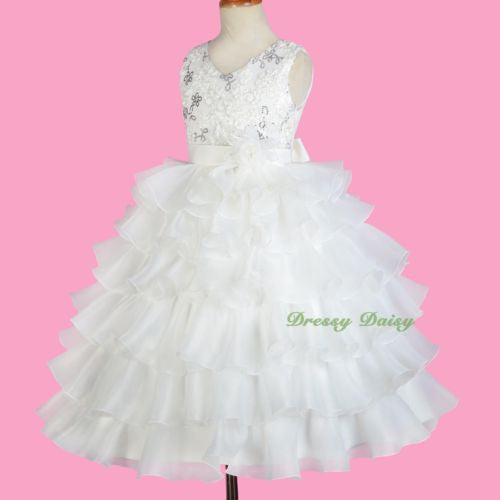 FG299 Ivory Organza Satin Tiered Formal Dress Wedding Flower Girl Party Size 3-10