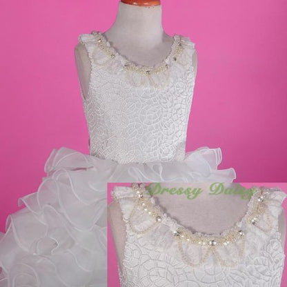 FG238 Girls Lace Organza Ruffle Tiered Party Flower Girl Dresses Ball Gown Size 2-10