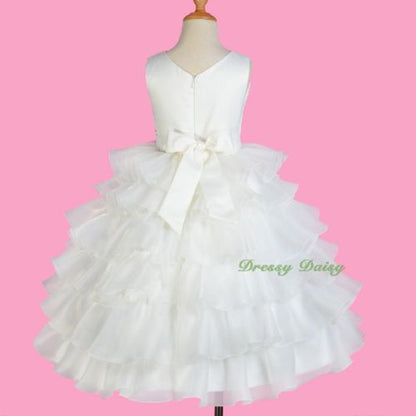 FG299 Ivory Organza Satin Tiered Formal Dress Wedding Flower Girl Party Size 3-10