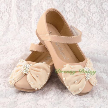 GS016 Pearls & Rhinestone Bow Shoes US Size 8.5-1.5 Flower Girl Pageant Party