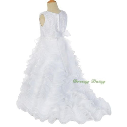 FG238B Satin Organza Tiered Gown Formal Dress w/ Train Wedding Flower Girl Size 4-10