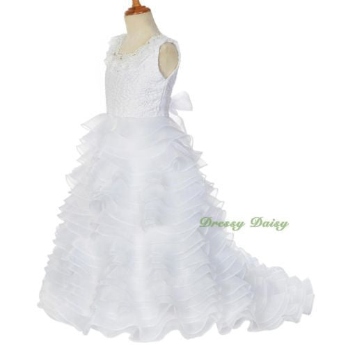 FG238B Satin Organza Tiered Gown Formal Dress w/ Train Wedding Flower Girl Size 4-10