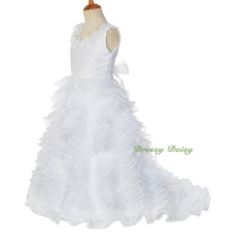 FG238B Satin Organza Tiered Gown Formal Dress w/ Train Wedding Flower Girl Size 4-10