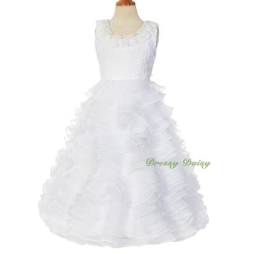 FG238B Satin Organza Tiered Gown Formal Dress w/ Train Wedding Flower Girl Size 4-10